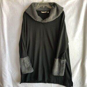 Soft Surroundings Luxury Womens Black Tunic Top w/ Furry Cuffs and Collar Size L